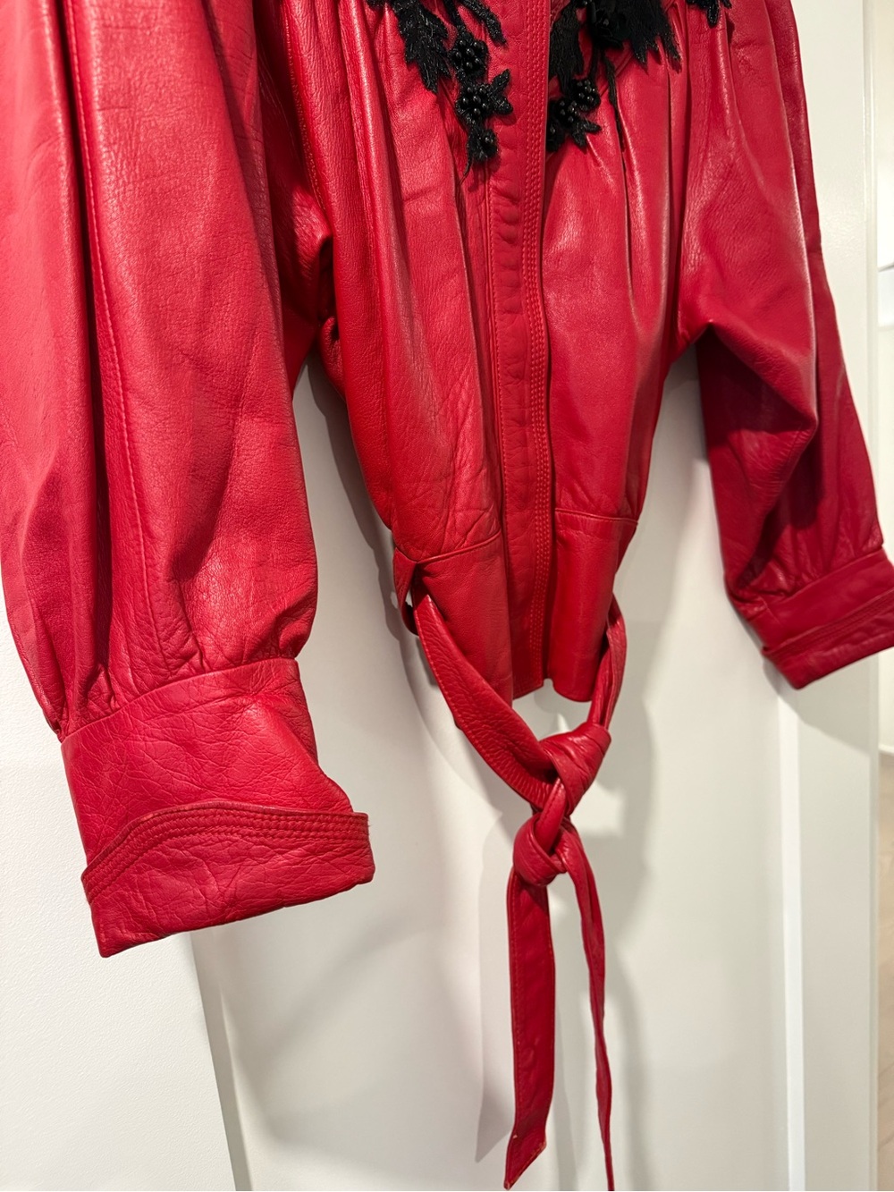 Red Vintage Leather Jacket with Embroidered Detail - Women - Picture 8 of 9